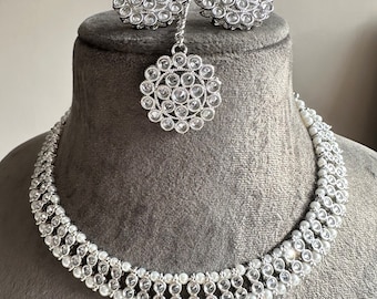 Imitation Silver Polki Necklace Earring Tikka Jewelry Set