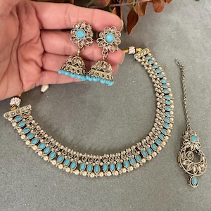 Gg Beautiful Light Blue Imitation Reverse AD Polki Stones Beads Jewellery Set (150)