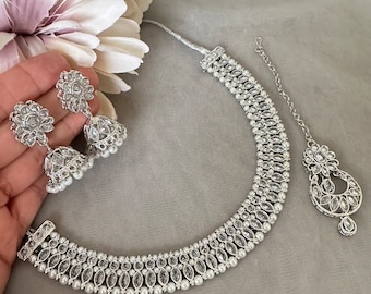 Gg Beautiful Imitation Polki Silver Jewellery Set