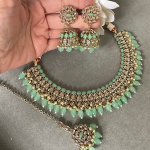 Gg Beautiful Imitation Green Reverse AD Polki Stones Beads Jewellery Set (9)