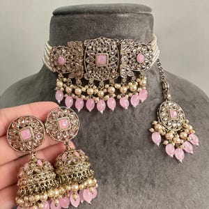 Gg Beautiful Pink Imitation Polki Stones Choker Set(7)