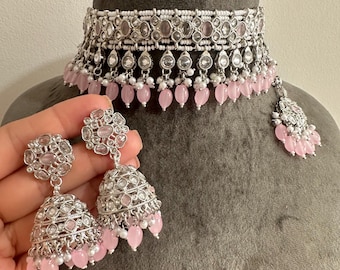 Pink Polki Style Silver Jewelry Set