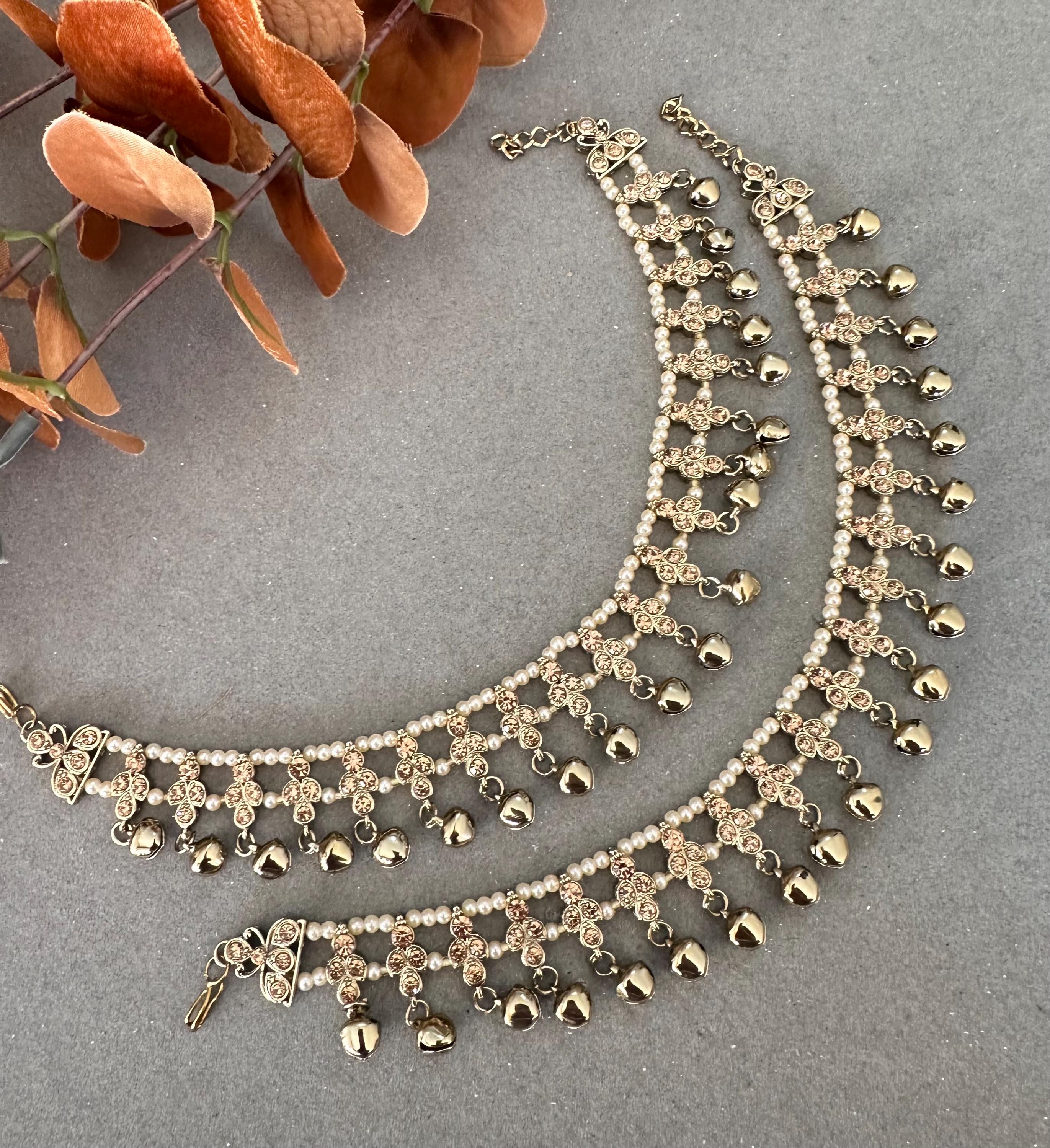 Gg Pretty Imitation Rhinestones Beads Jhanjar/Payal/ Bell Ghungru Anklets(27)