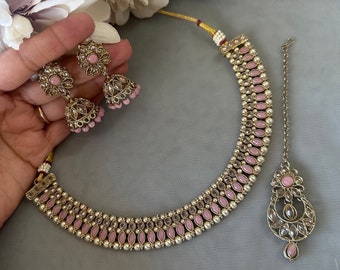 Gg Beautiful Imitation Pink Reverse AD Polki Stones Beads Jewellery Set (150)