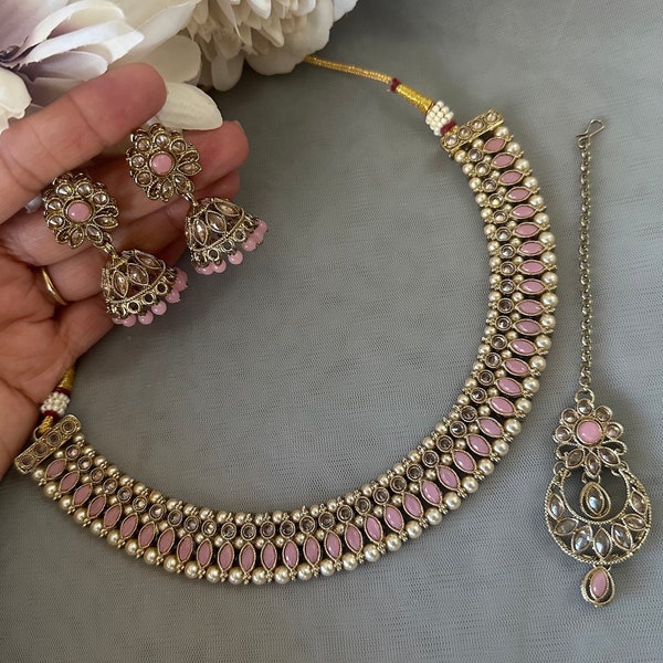 Gg Beautiful Imitation Pink Reverse AD Polki Stones Beads Jewellery Set (150)