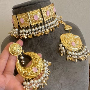 Gold Tone Punjabi Jadau Jewellery Set: Earrings (10cm Drop) zdjęcie 1
