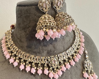 Light Pink Imitation Polki Stones Beads Jewellery Set 65