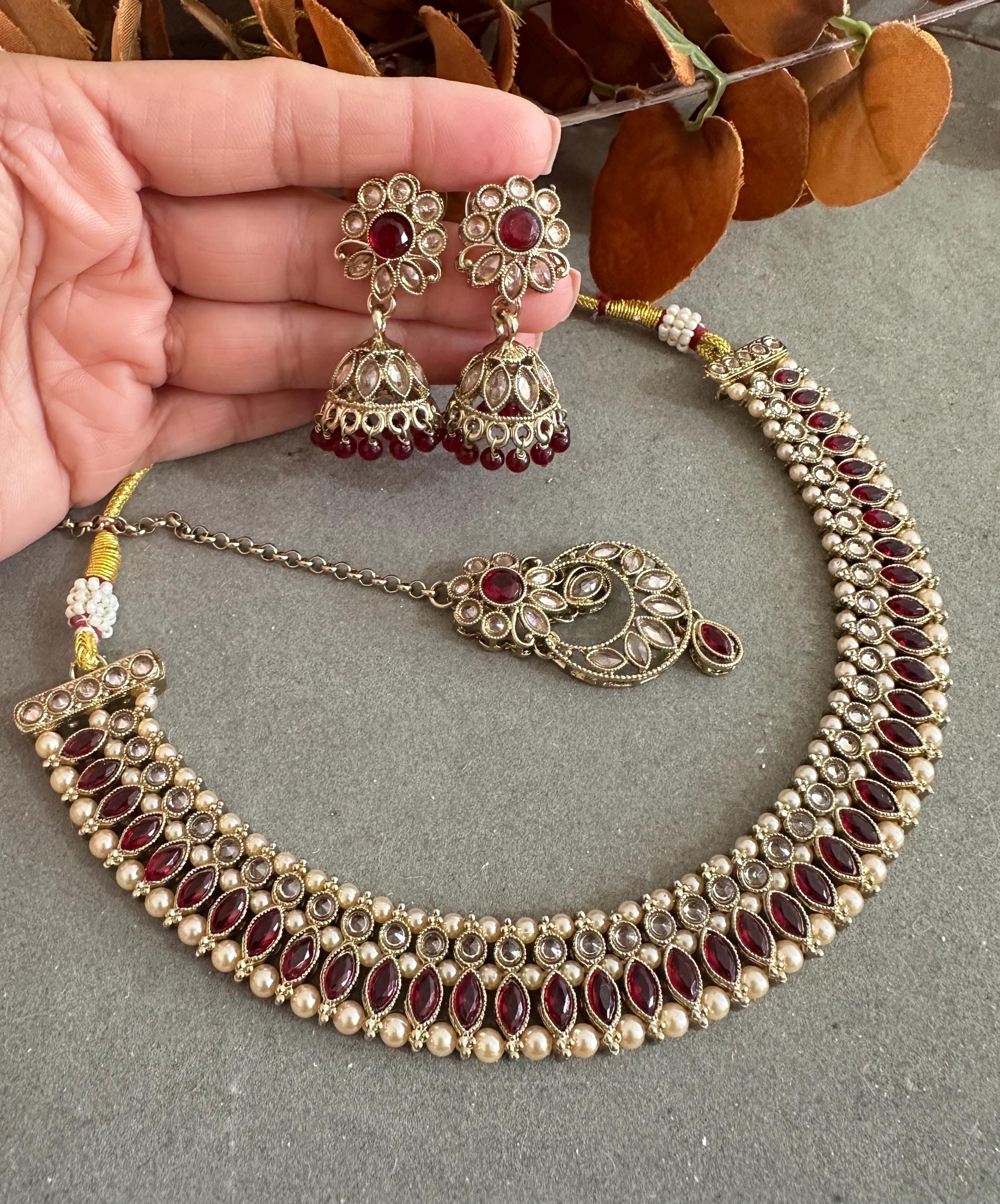 Necklace Set Chunky Burgundy Necklace Maroon Necklace, Double