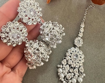 Silver Earring Tikka Set: Australian Stone Beads, Floral Design