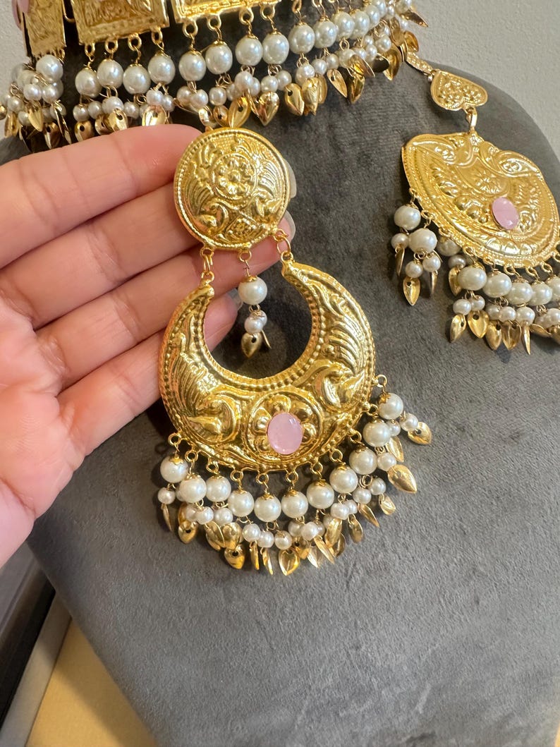 Gold Tone Punjabi Jadau Jewellery Set: Earrings (10cm Drop) zdjęcie 2