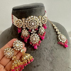 Gg Beautiful Pink Imitation Kundan Stones Beads Necklace Choker Earring Set(10)
