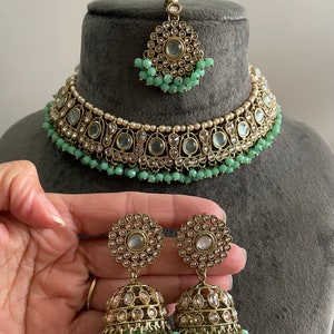 Gg Beautiful Imitation Reverse AD Polki Stones Beads Jewellery Set (335)
