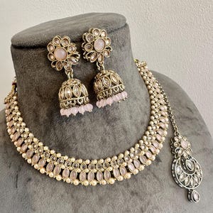 Pink Imitation Reverse AD Polki Stones Beads Jewellery Set (150)