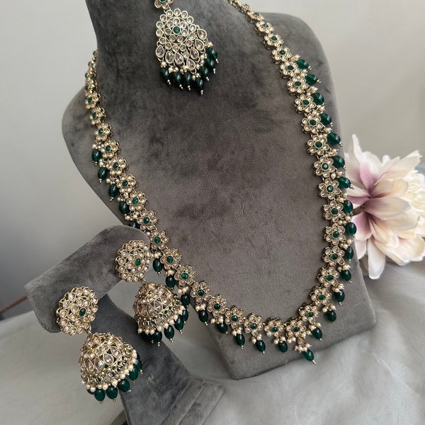 Gg Beautiful Imitation Long Necklace Polki Rani Haar With Jhumka Earrings Tikka(1230)