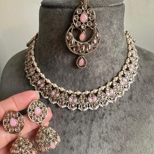 Gg Beautiful Pink Imitation Polki Stones Beads Necklace Earrings Set(7)