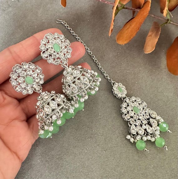 Silver Earring Tikka Set: Australian Stone Beads, Indian Jewelry