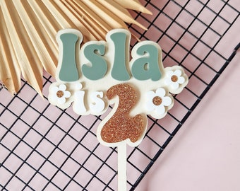 Personalised Double Layer Wood & Acrylic Cake  Topper Charm Set - Flower Power Funky 60s 70s Birthday Party, Fast Delivery
