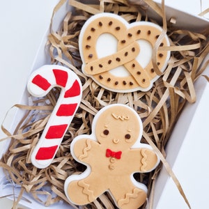 May include: A white box filled with brown paper shreds contains three Christmas-themed sugar cookies. The cookies are shaped like a gingerbread man, a candy cane, and a pretzel. The gingerbread man is decorated with brown icing and a red bow tie. The candy cane is red and white. The pretzel is decorated with brown icing and chocolate sprinkles.