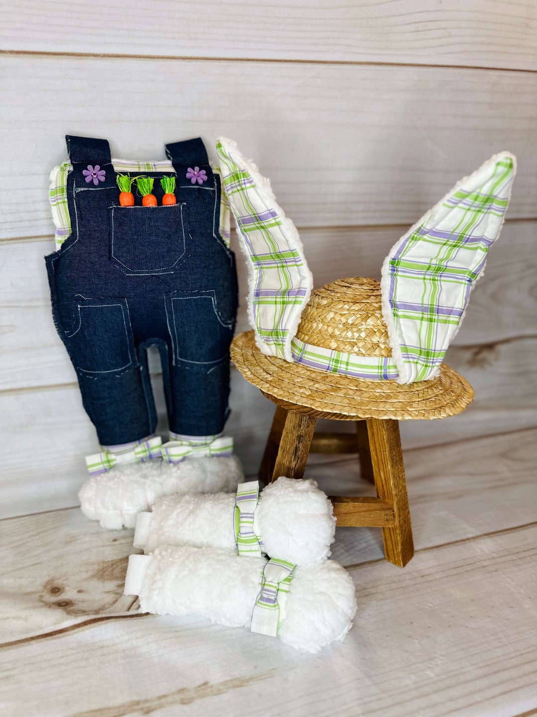 Plaid Denim Easter Bunny Wreath Attachment, WAAM, Boy and Girl Bunny