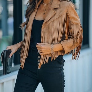 Women Cropped Fringe Suede Leather Jacket Camel Color Fringe - Etsy