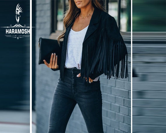 Women Cropped Fringe Black Suede Leather Jacket Black Color - Etsy