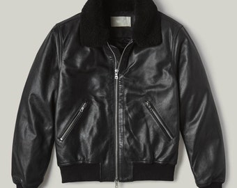 Mens Bomber Vintage Aviator Black Distressed FUR Collar Leather Jacket, Best seller jackets, Gift for dad, Varsity Jackets, Gifts for Bikers