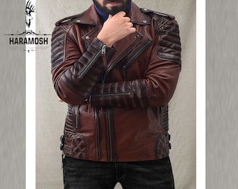 Veste en cuir de peau d’agneau brun chocolat pour hommes, style motard, cadeau de Saint-Valentin, cadeau pour petit ami, cadeaux pour papa, cadeaux pour patron, fait main