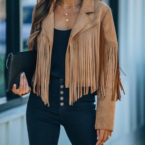 Women Cropped Fringe Suede Leather Jacket, Camel Color Fringe Western ...