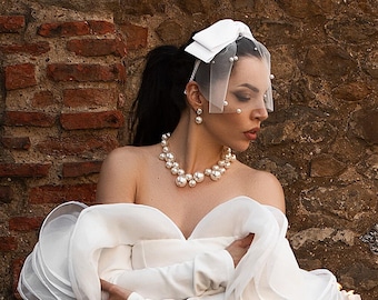 Satin bow bridal headband birdcage veil wedding headpiece tulle bride hair piece elegant pearl headdress for women old money aesthetic