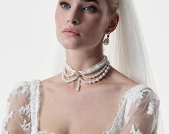 Pearl choker wedding necklace bridal statement jewelry fashion baroque accessory zirconia bijoux for bride couture medieval draping style