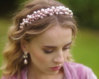 Pearl womens headband beaded pink wedding tiara bridal beaded hair piece bride personalised headdress bespoke headpiece prom custom design