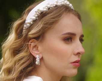 Bridal pearl jewelry set wedding headband statement hoop earrings bride accessory bespoke design headpiece custom order handmade womens gift