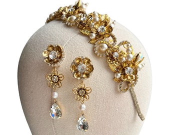 Bridal hair piece bride jewelry set handmade earrings wedding tiara pearl headband crystal headpiece embellished gold metal flower crown
