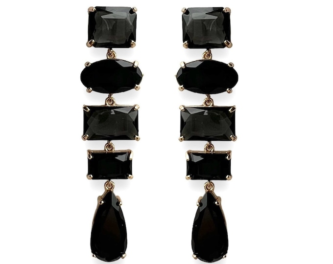 Black crystal long dangle drop earrings statement jewelry handmade rhinestones bijoux womens accessories unique custom design gift for her