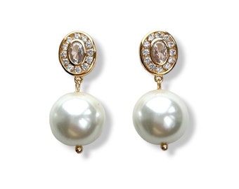 18K wedding pearl earrings zirconia bridal jewelry for brides elegant handcrafted custom bridesmaid gift gold minimalist womens accessories