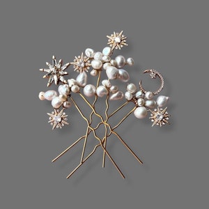 Celestial pearl hairpins set 14K bridal star hair jewelry wedding headpiece moon accessories for brides crystal hairpiece clip space comb