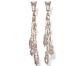 18K gold plated pearl dangle earrings wedding crystal jewelry bridal elegant accessory unique handmade gift for her custom statement design