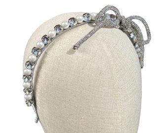 Diadema de arco de cristal boda perla tiara pedrería tocado nupcial pieza de pelo de novia corona a medida diseño personalizado tocado de coquett de plata
