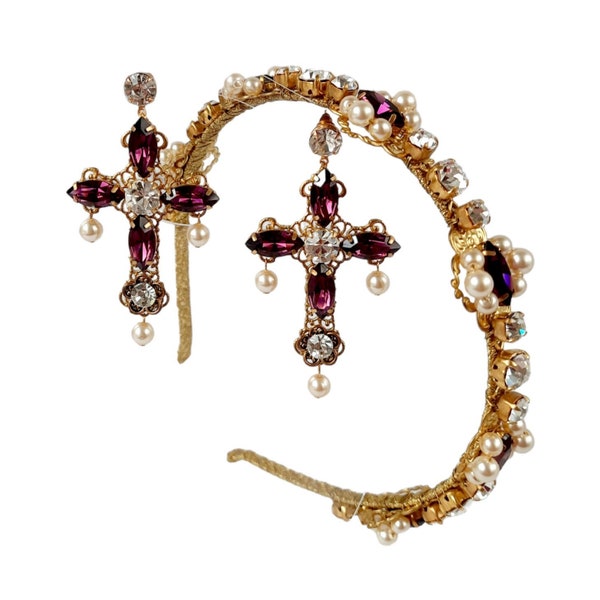 Baroque amethyst crystal tiara jeweled set cross stud statement earrings pearl headband gold embellished headpiece dolc hair piece diadem