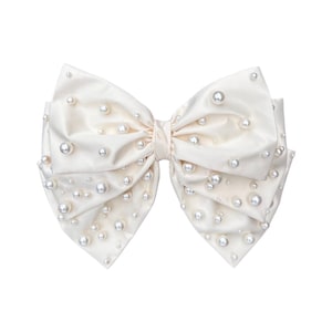 Pearl hair bow bridal headpiece wedding comb for brides satin barrette womens accessories old money aesthetic hairpiece jeweled prom clip