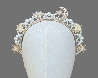 Celestial moon star wedding crown bridal pearl tiara space bride hair piece custom headband embellished bespoke design jeweled headpiece