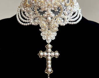 Lace choker pearl cross pendant bridal crystal necklace wedding embroidered jewelry for brides embellished medieval accessory baroque style