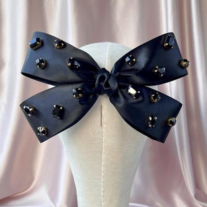 Crystal hair comb jeweled satin bow rhinestones barrette womens black accessory clip hairpiece embellished headpiece handmade gift for her