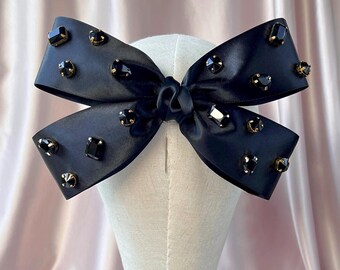 Crystal hair comb jeweled satin bow rhinestones barrette womens black accessory clip hairpiece embellished headpiece handmade gift for her