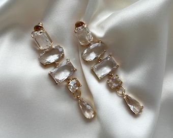 Clear crystal bridal dangle earrings statement wedding jewellery handmade bride bijoux womens rhinestones accessories Christmas gift for her