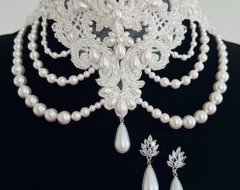 Pearl jewelry set lace necklace wedding choker embroidered baroque accessory medieval bride couture draped design drop zirconia earrings