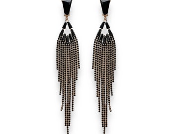 18K gold plated long dangle earrings black crystal jewellery chain statement bijoux handmade womens party accessories  unique custom design