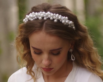 Bridal pearl headband wedding hairpiece bride white headpiece beaded tiara personalised bespoke headdress womens hair jewelry custom design