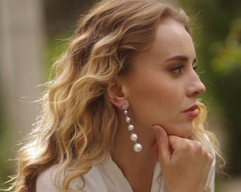 Long dangle earrings pearl wedding style zirconia bridal jewelry unique womens custom order bespoke prom design handmade statement gift