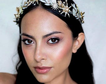 Bridal star crown laurel tiara wedding accessory for brides leaf head piece celestial hair jewelry embellished hairpiece crystal headdress